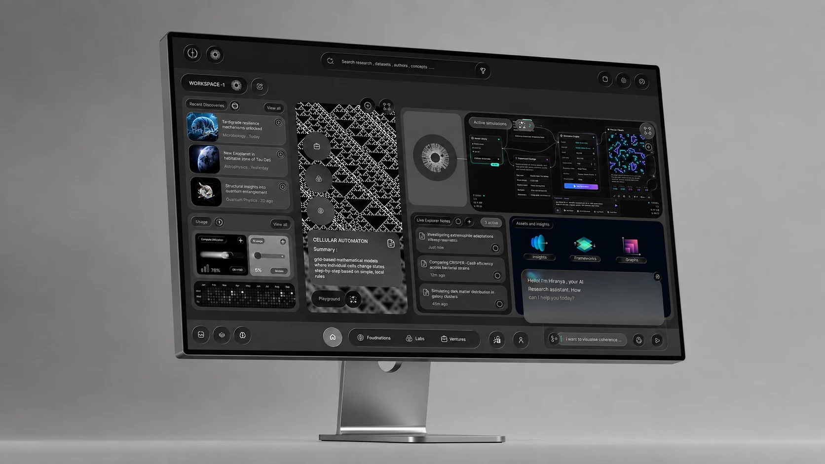 Genesis Engine product concept: a dark research workspace with knowledge discovery, a cellular automaton, active simulations, an evidence workspace, and Foundations, Labs, and Ventures navigation